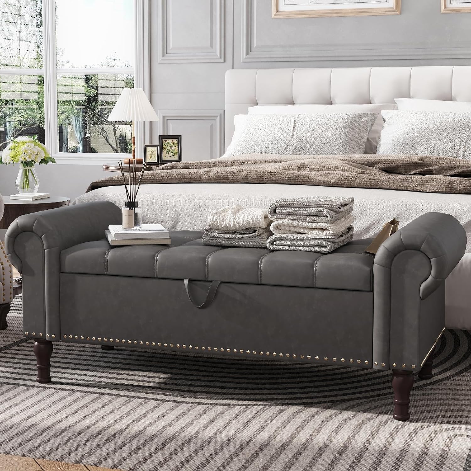 Faux Leather Armed Tufted Storage Bench