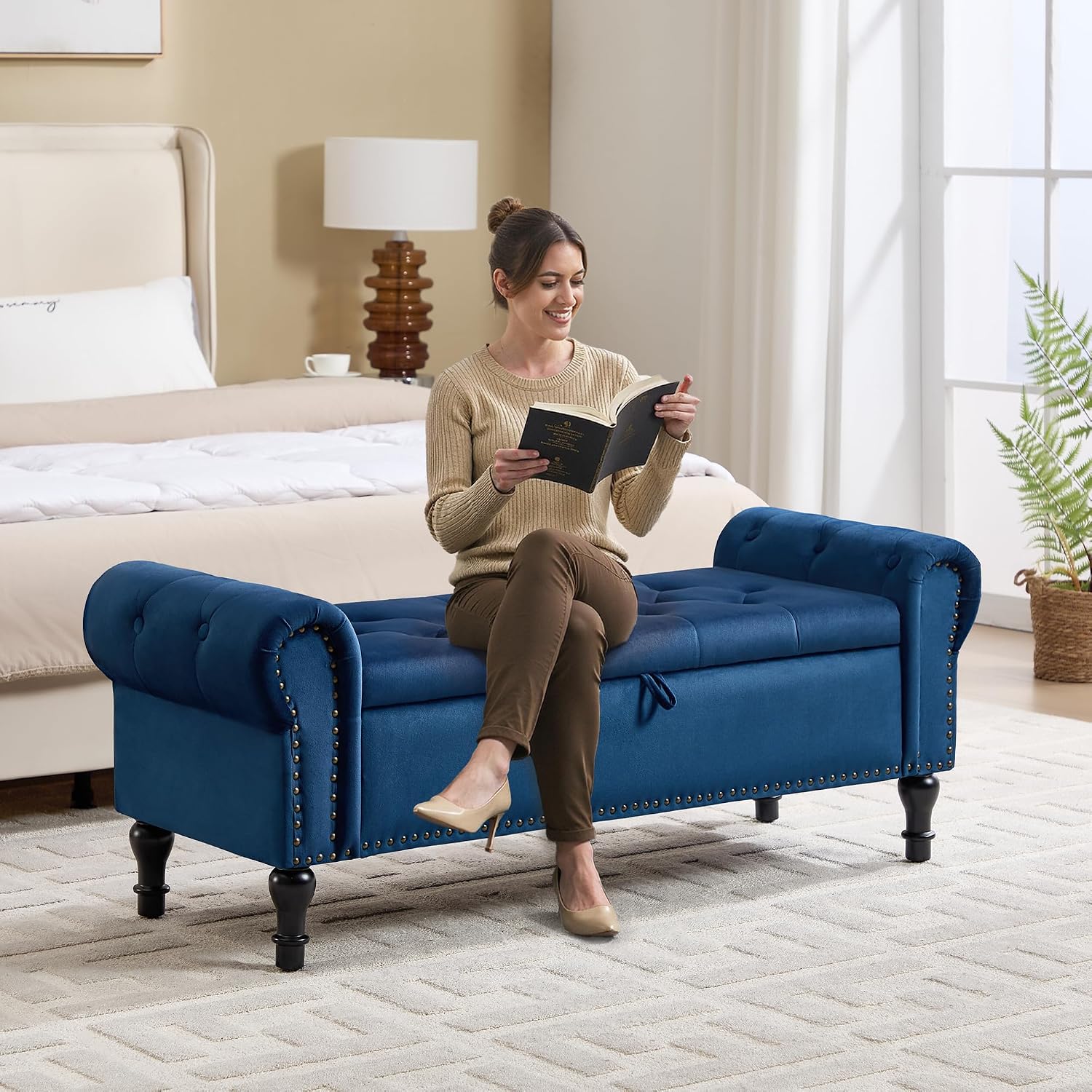 Velvet Tufted Arm Storage Ottoman Bench