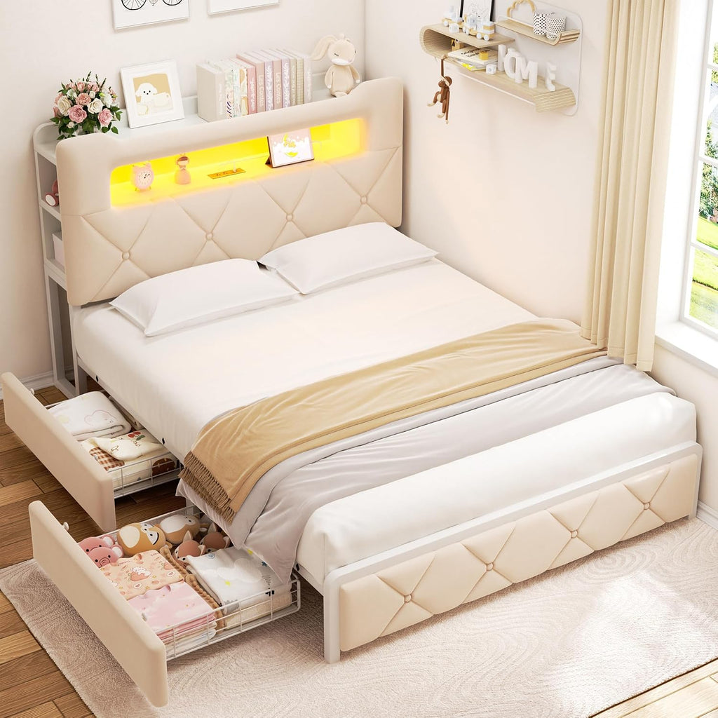 LED Velvet Storage Upholstered Bed
