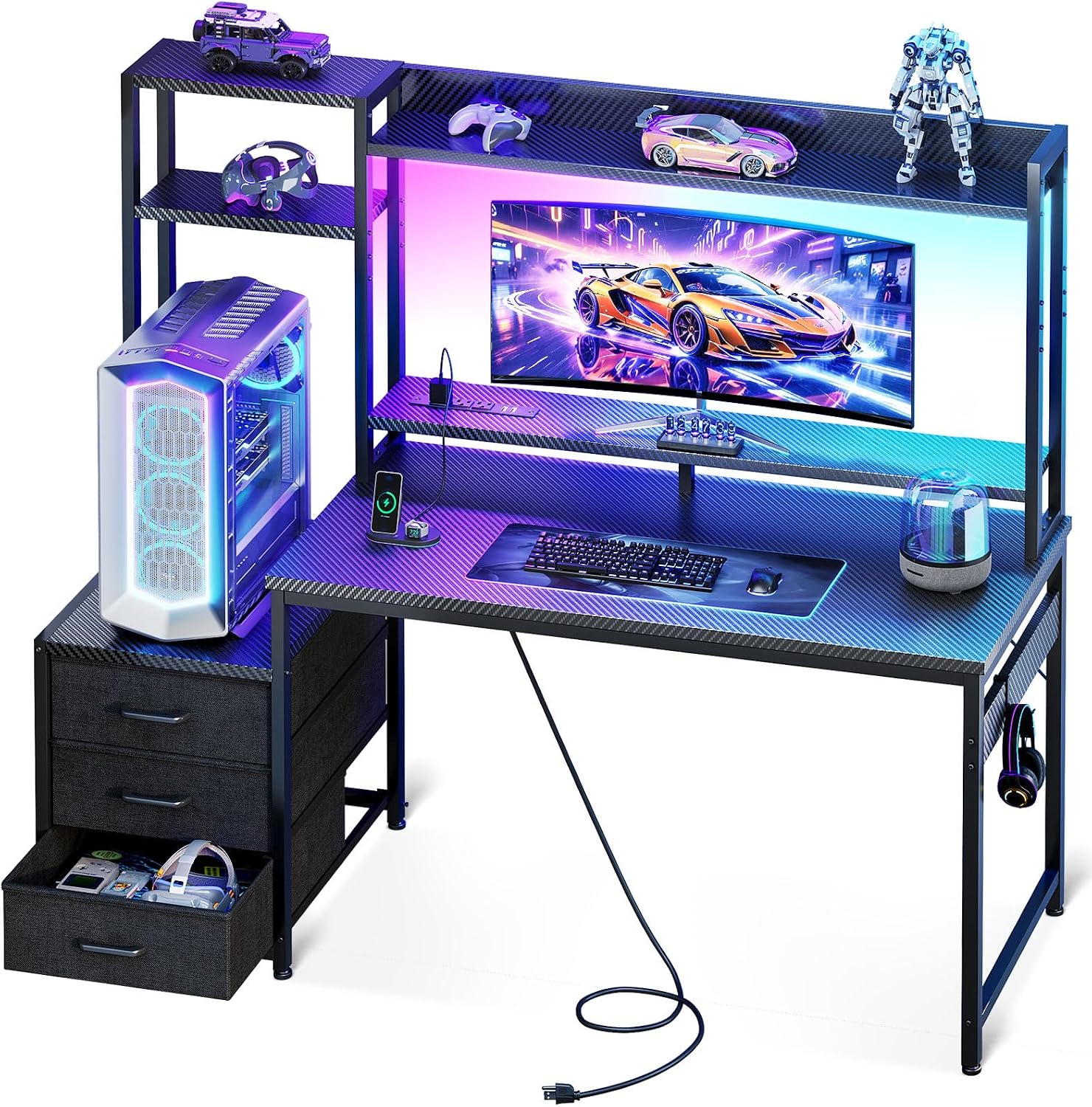 LED Gaming Desk Hutch Drawer Storage