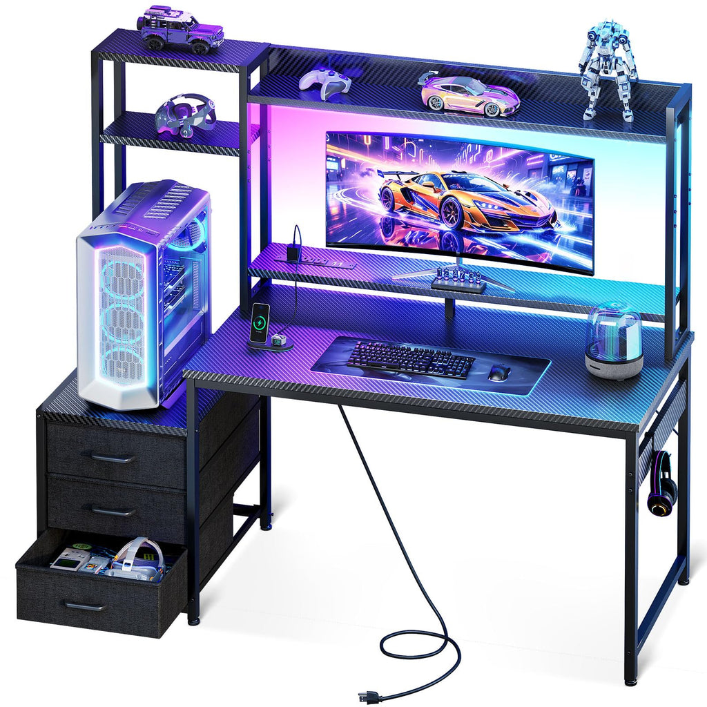 LED Gaming Desk Hutch Drawer Storage