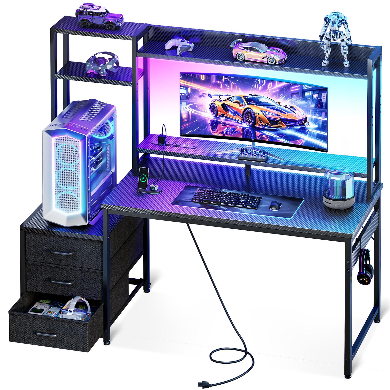 LED Gaming Desk Hutch Drawer Storage