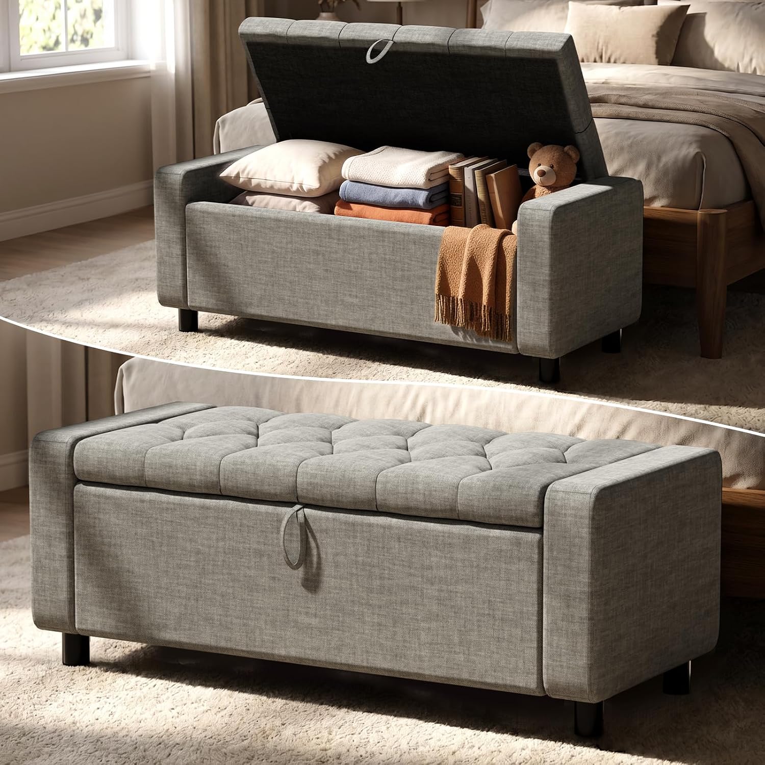 Linen Tufted Storage Ottoman Bench