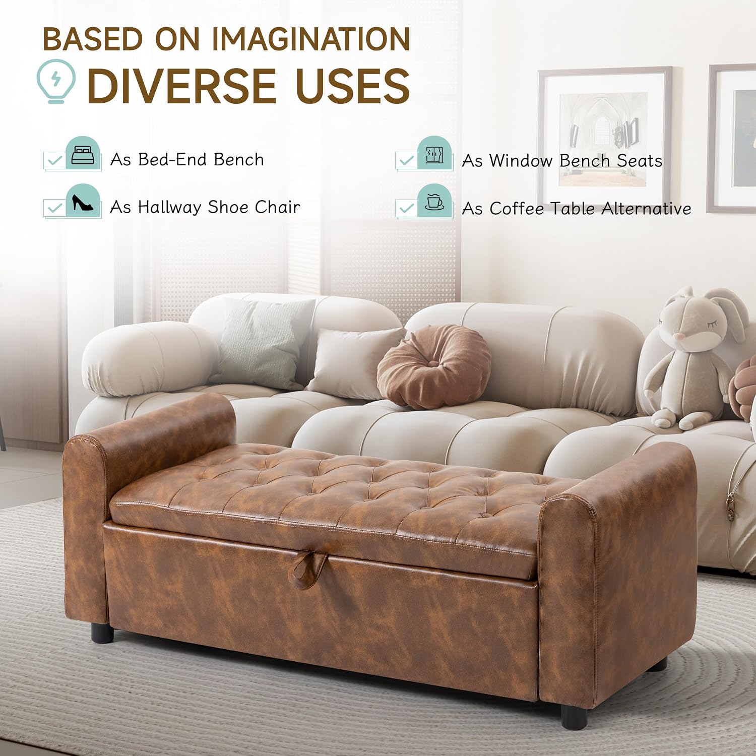 PU Leather Armed Tufted Storage Bench