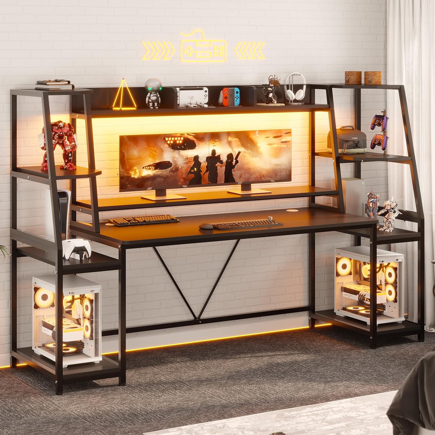 LED Large Gaming Desk With Hutch Storage