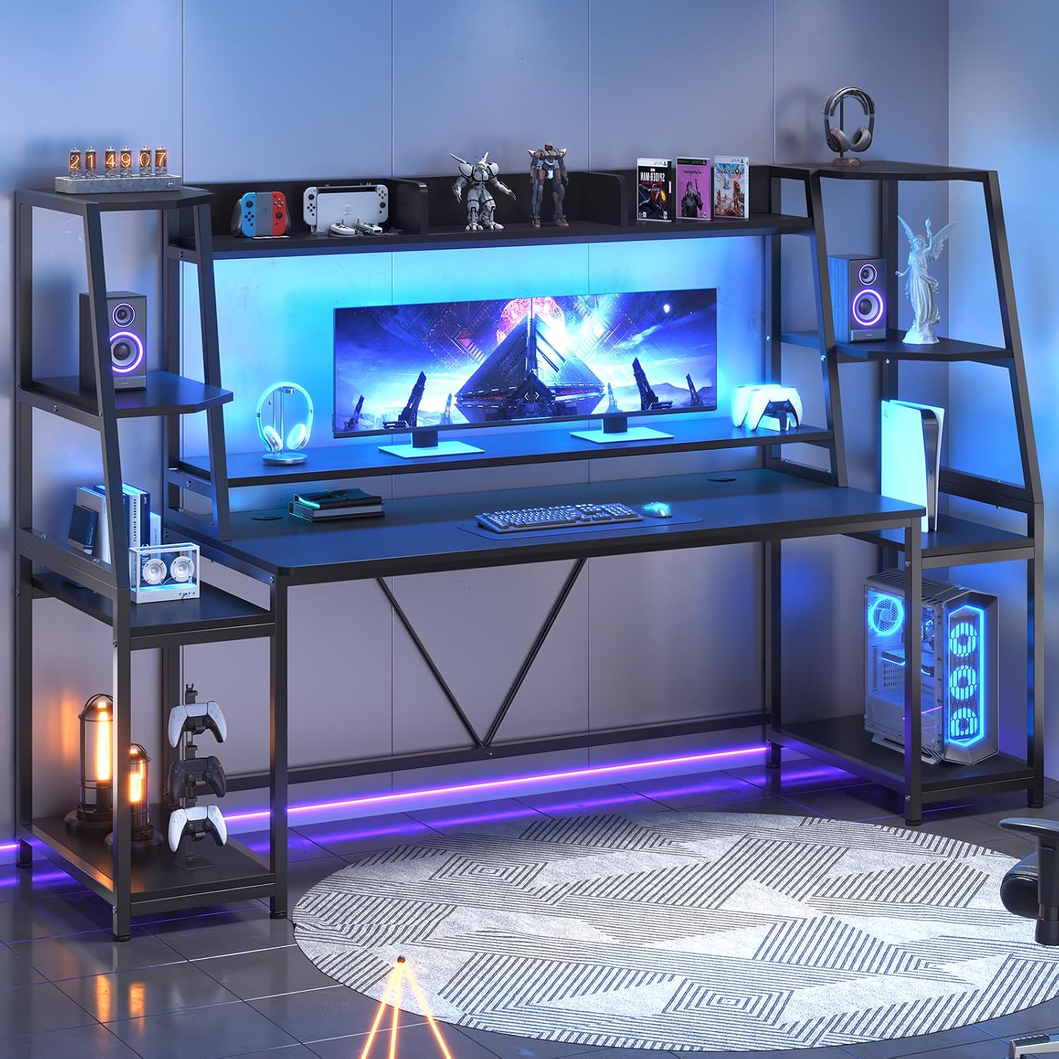 LED Large Gaming Desk With Hutch Storage