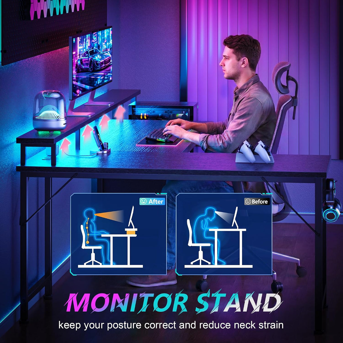 LED Reversible L-Shaped Gaming Desk