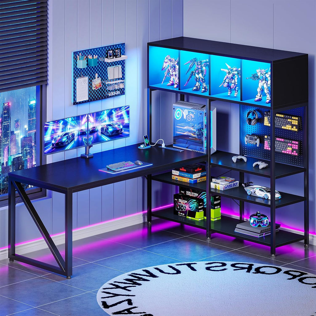 LED L-Shaped Gaming Desk Hutch Set