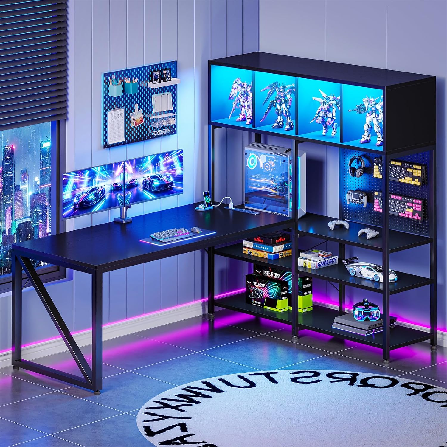 LED L-Shaped Gaming Desk Hutch Set