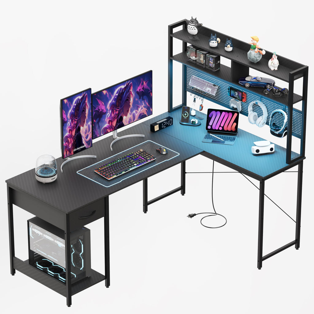 LED L-Shaped Gaming Desk with Hutch