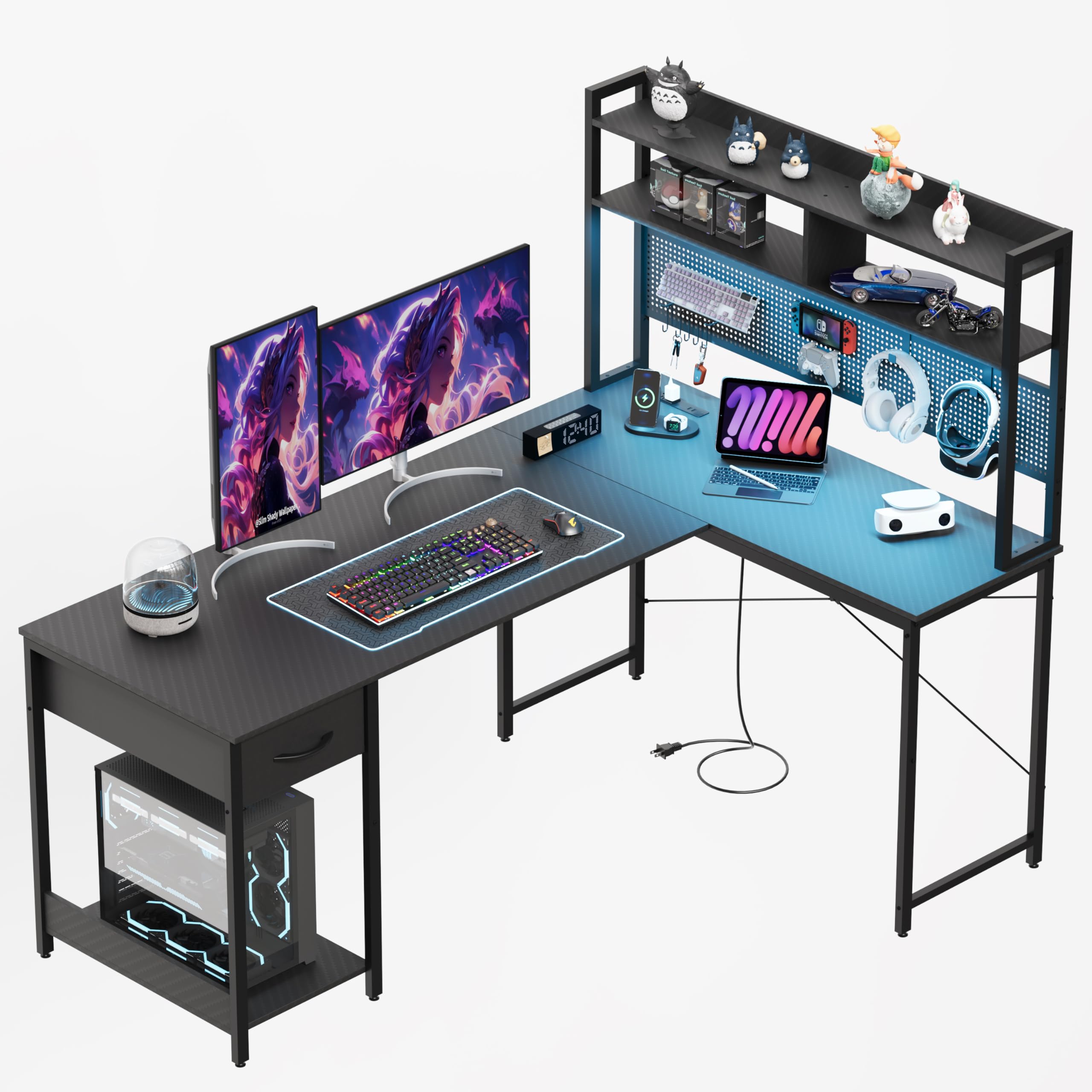 LED L-Shaped Gaming Desk with Hutch