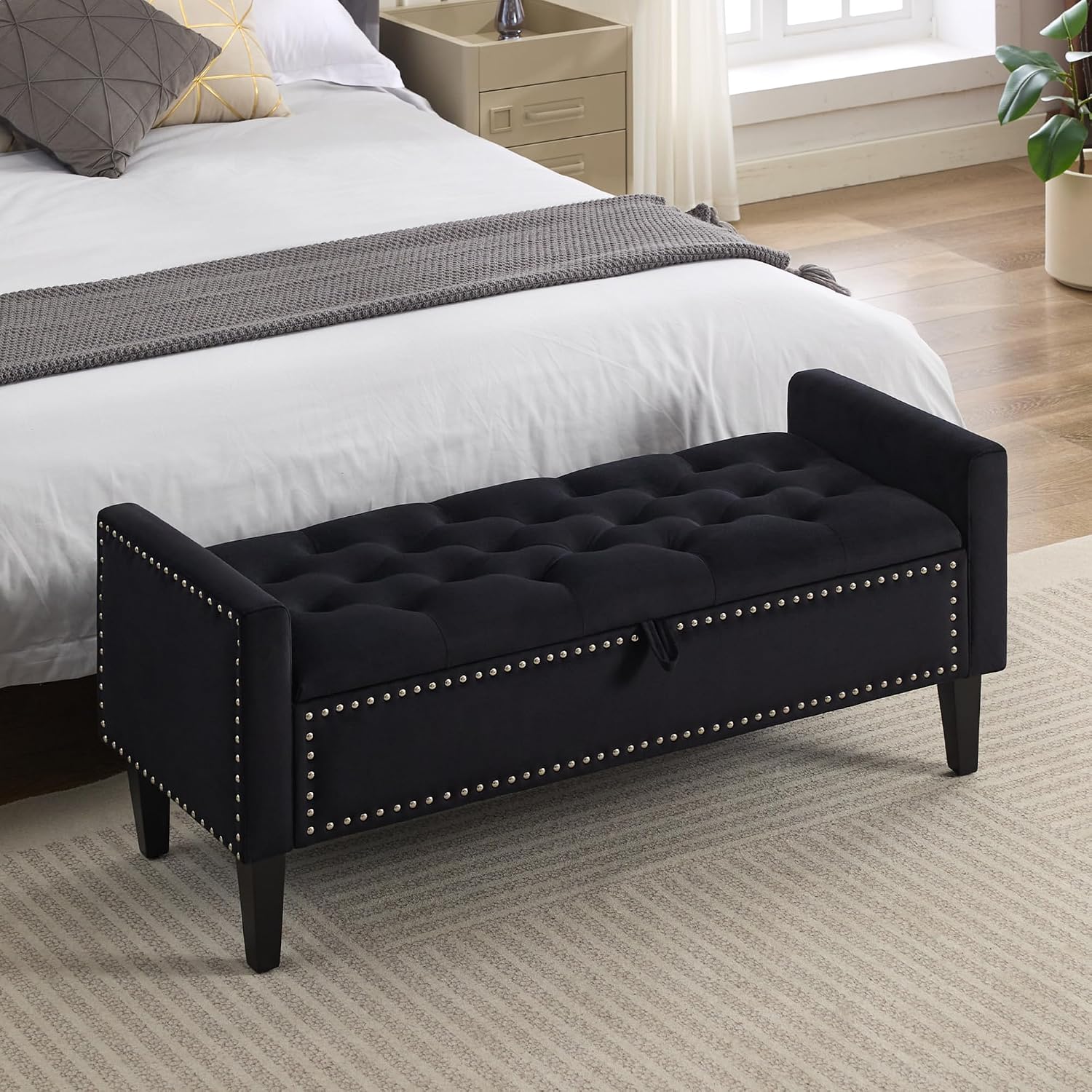 Velvet Wood Leg Storage Ottoman Bench