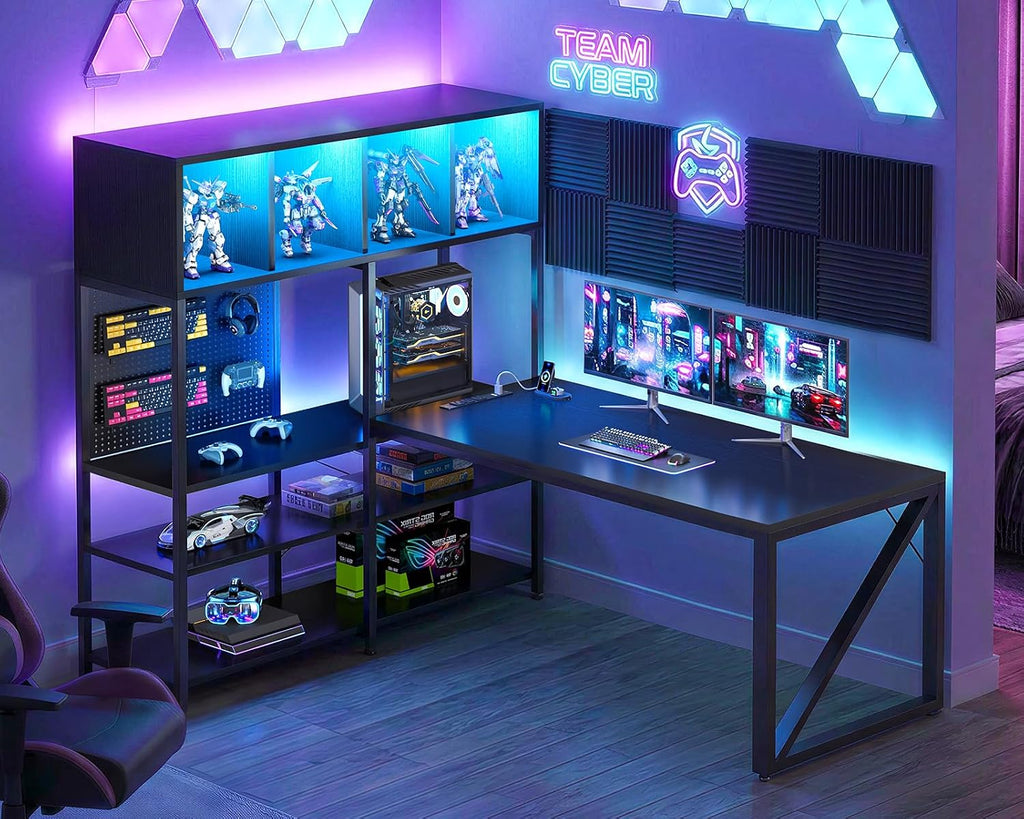 LED L-Shaped Gaming Desk Hutch Set