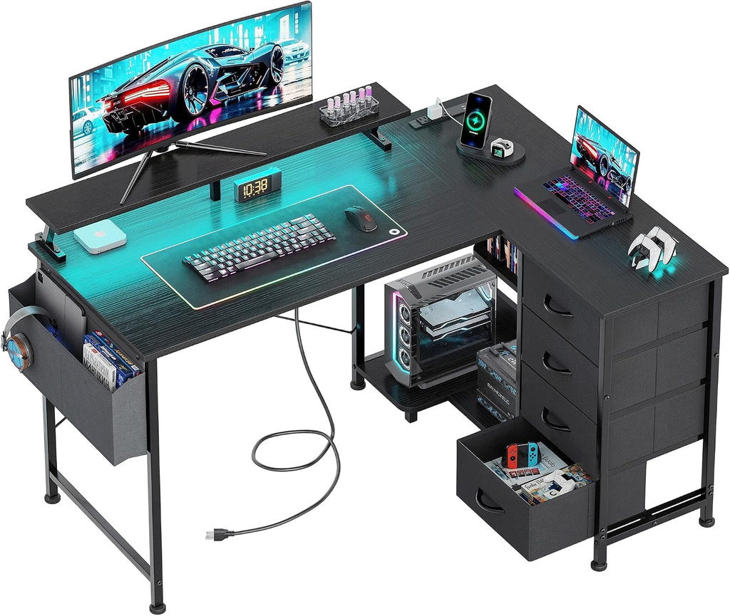 LED L-Shaped Desk Drawers Power Station