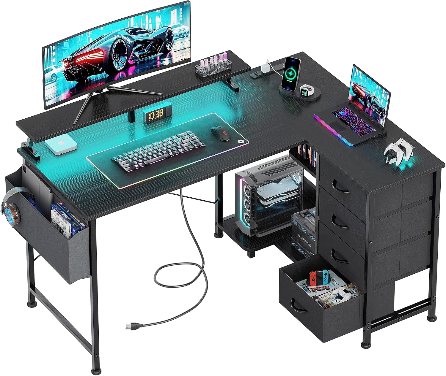 LED L-Shaped Desk Drawers Power Station