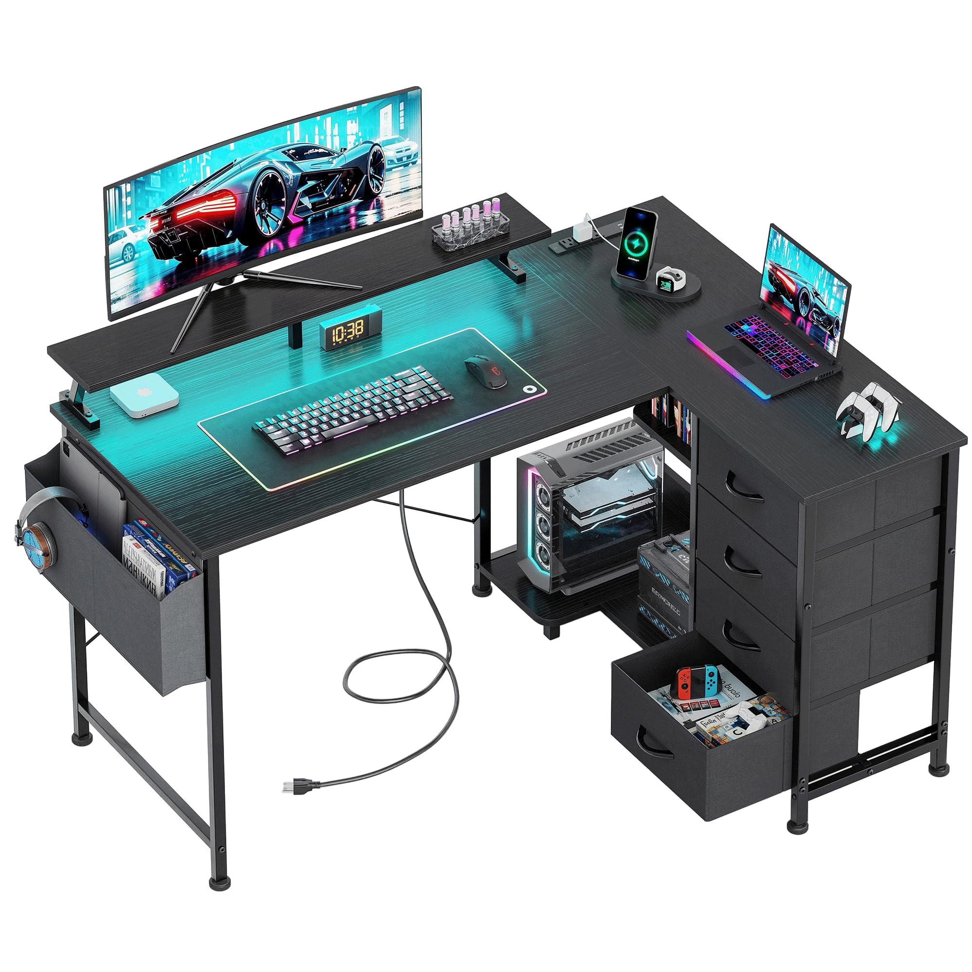 LED L-Shaped Desk Drawers Power Station
