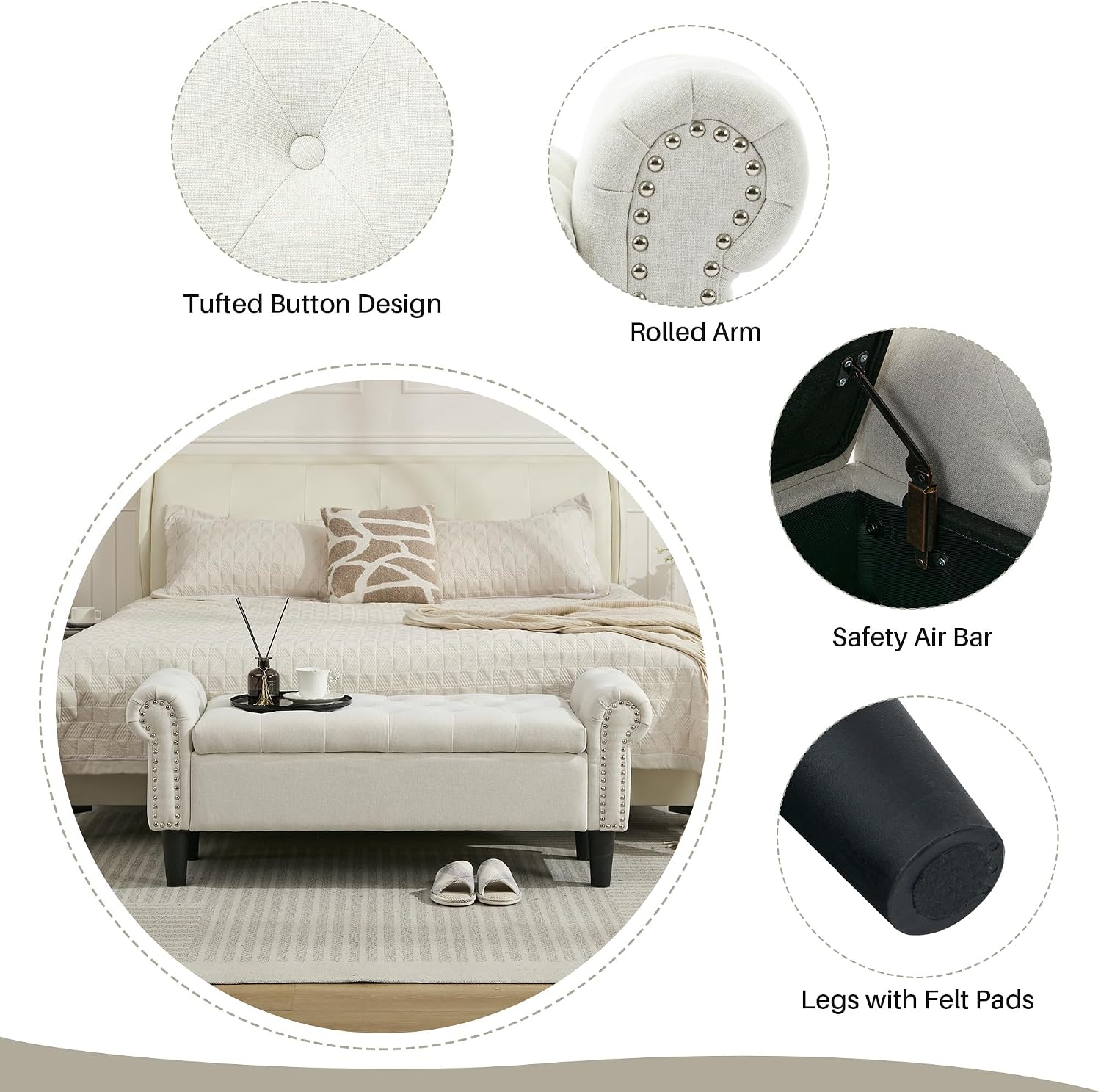 Linen Tufted Arm Storage Ottoman Bench