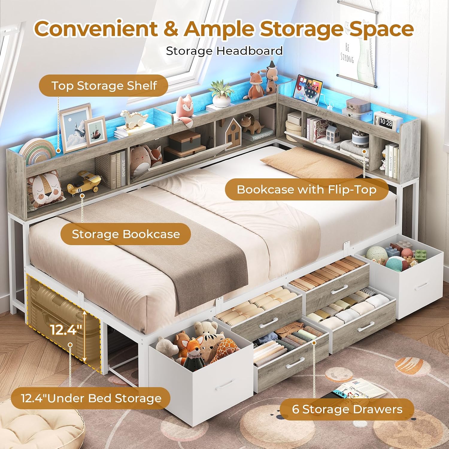 LED Twin Storage Corner Daybed Frame