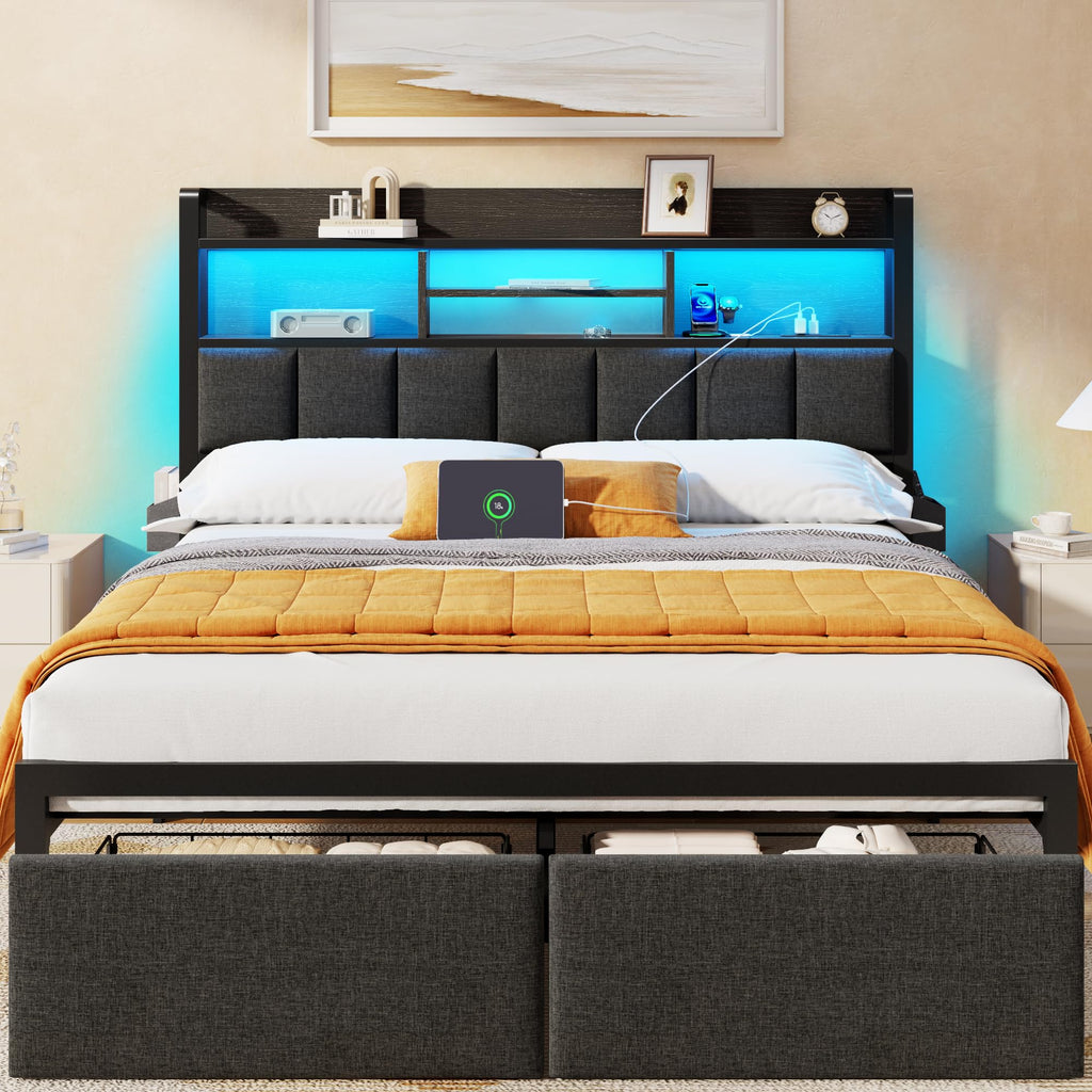 LED Storage Upholstered Full Bed Frame