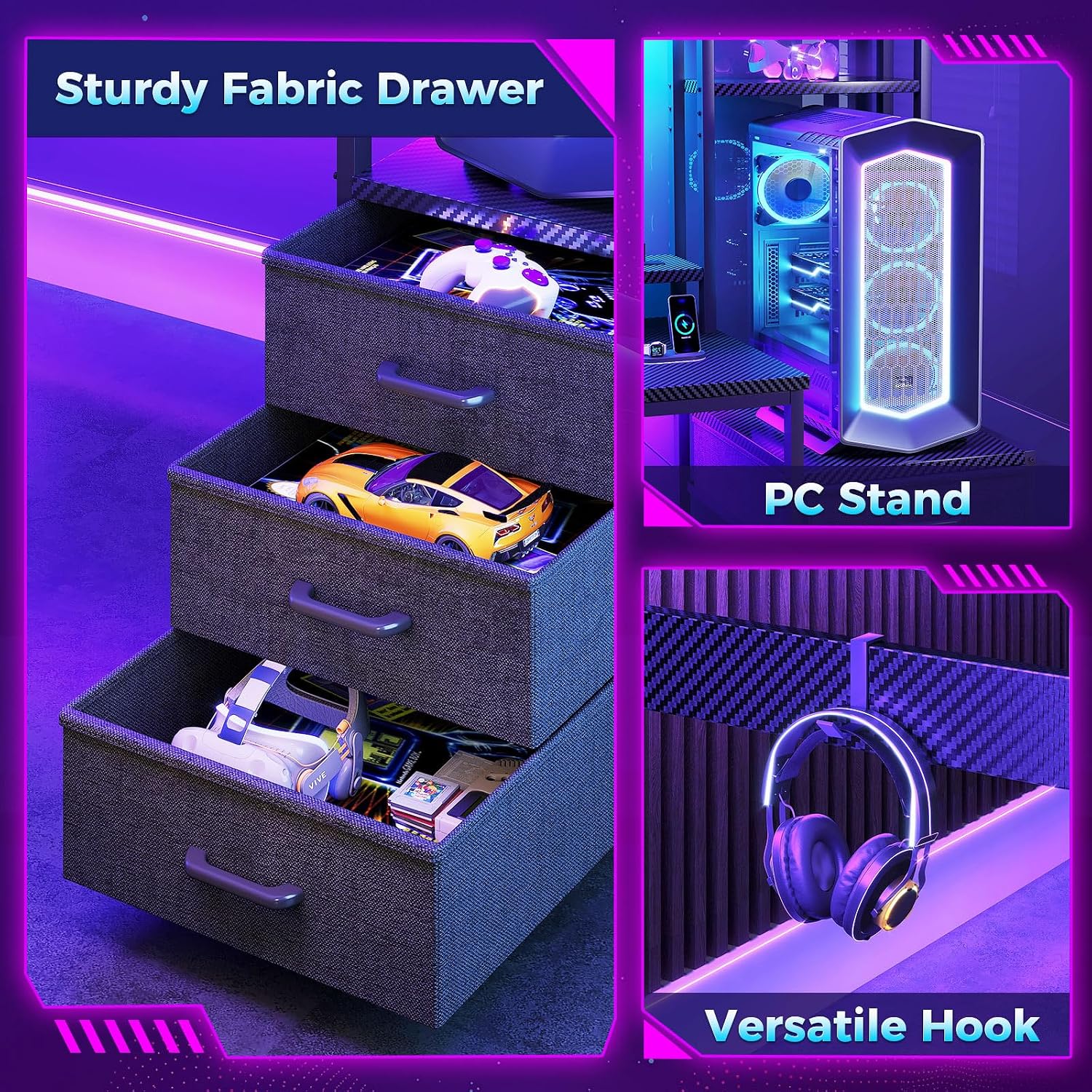LED Gaming Desk Hutch Drawer Storage
