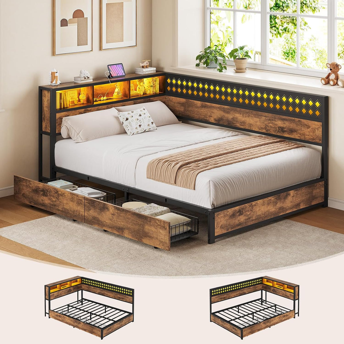 LED Full Wood Corner Storage Daybed