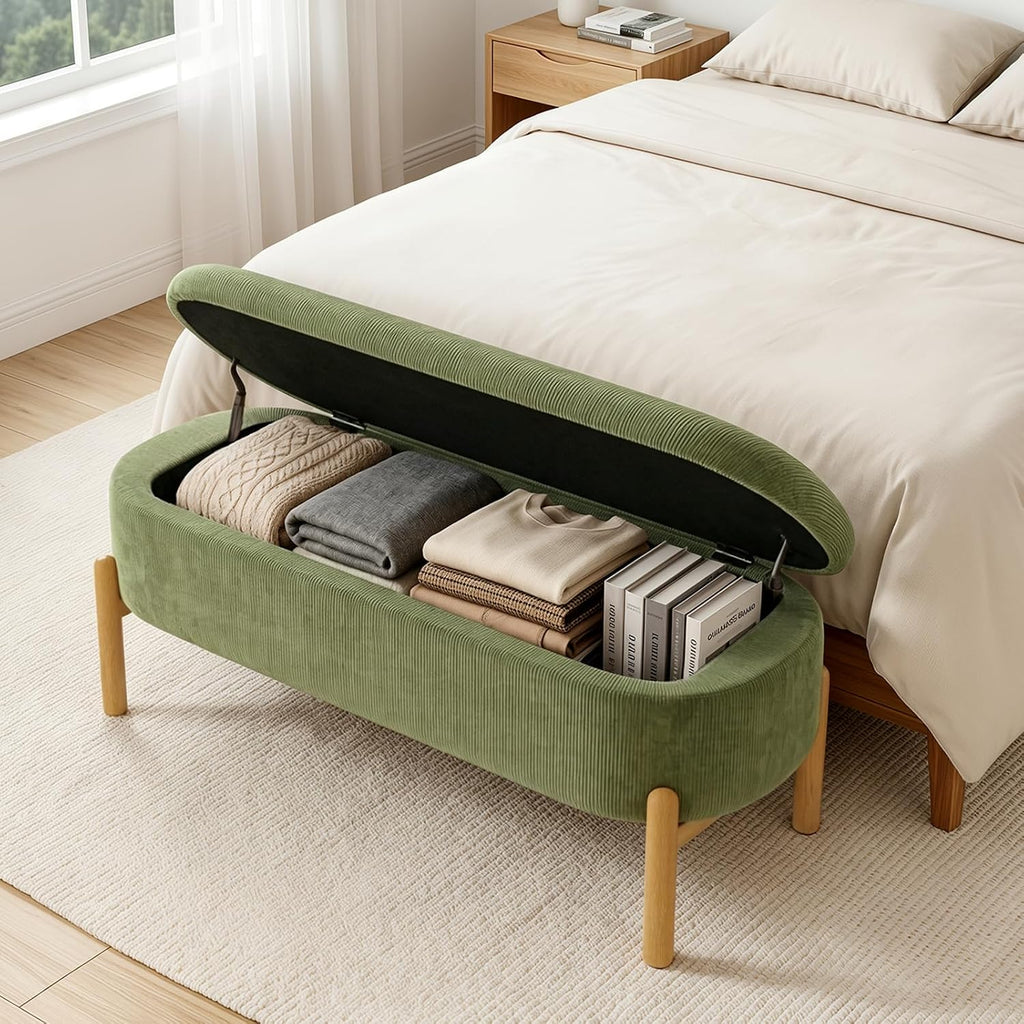 Oval Corduroy Storage Ottoman Bench