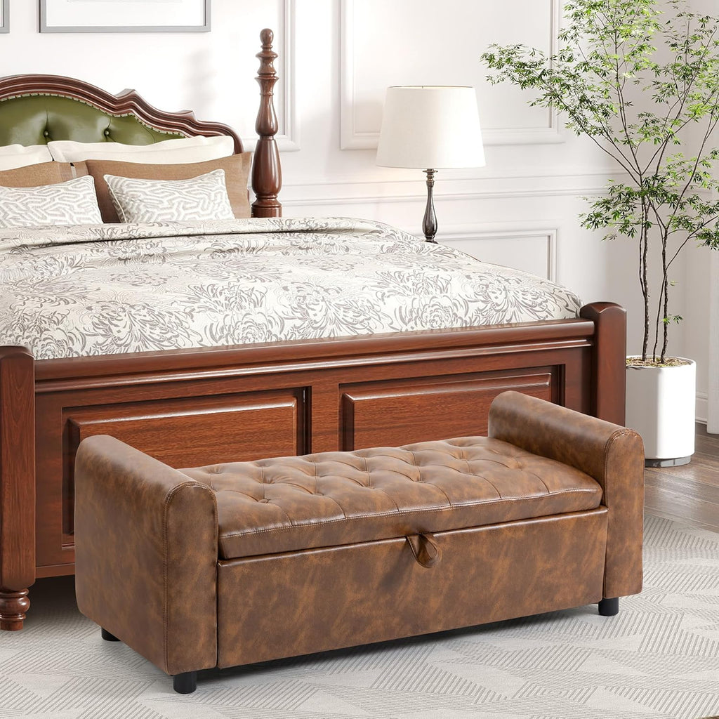 PU Leather Armed Tufted Storage Bench