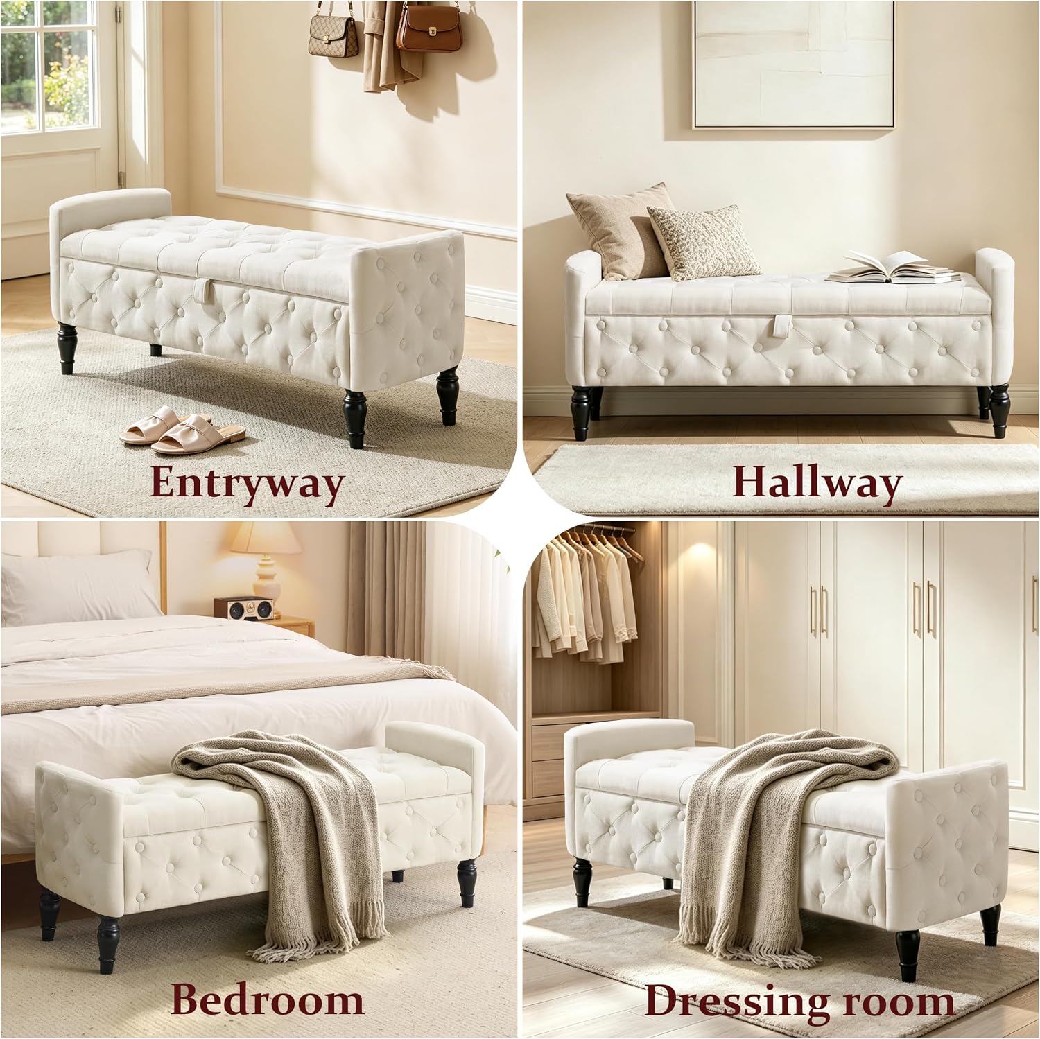 Armed Linen Tufted Storage Ottoman Bench