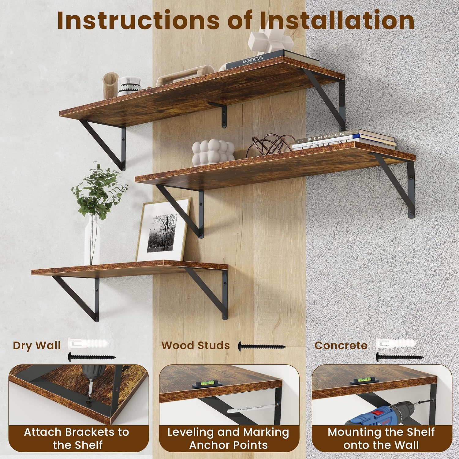 Rustic Wood Wall Floating Storage Shelves