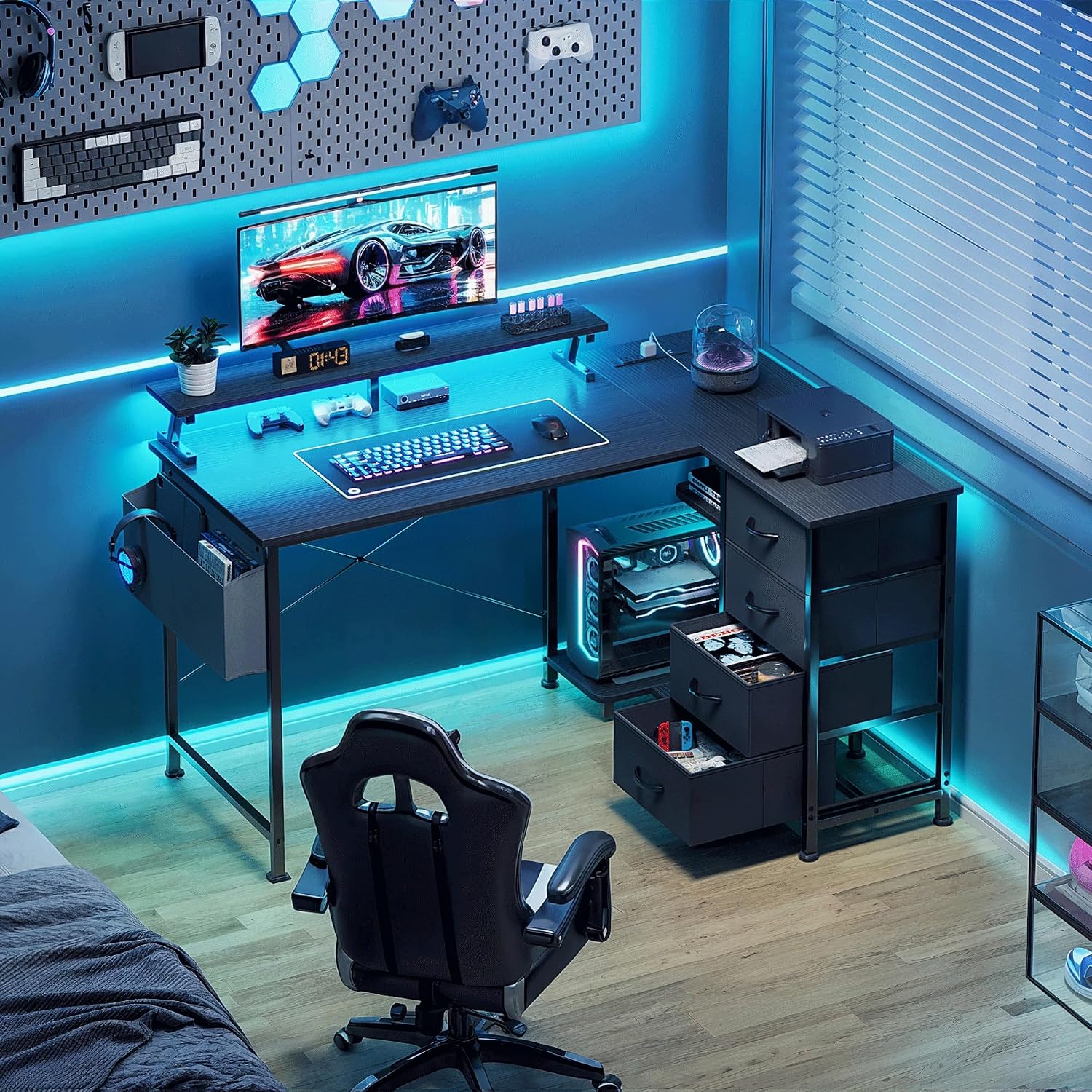 LED L-Shaped Desk Drawers Power Station