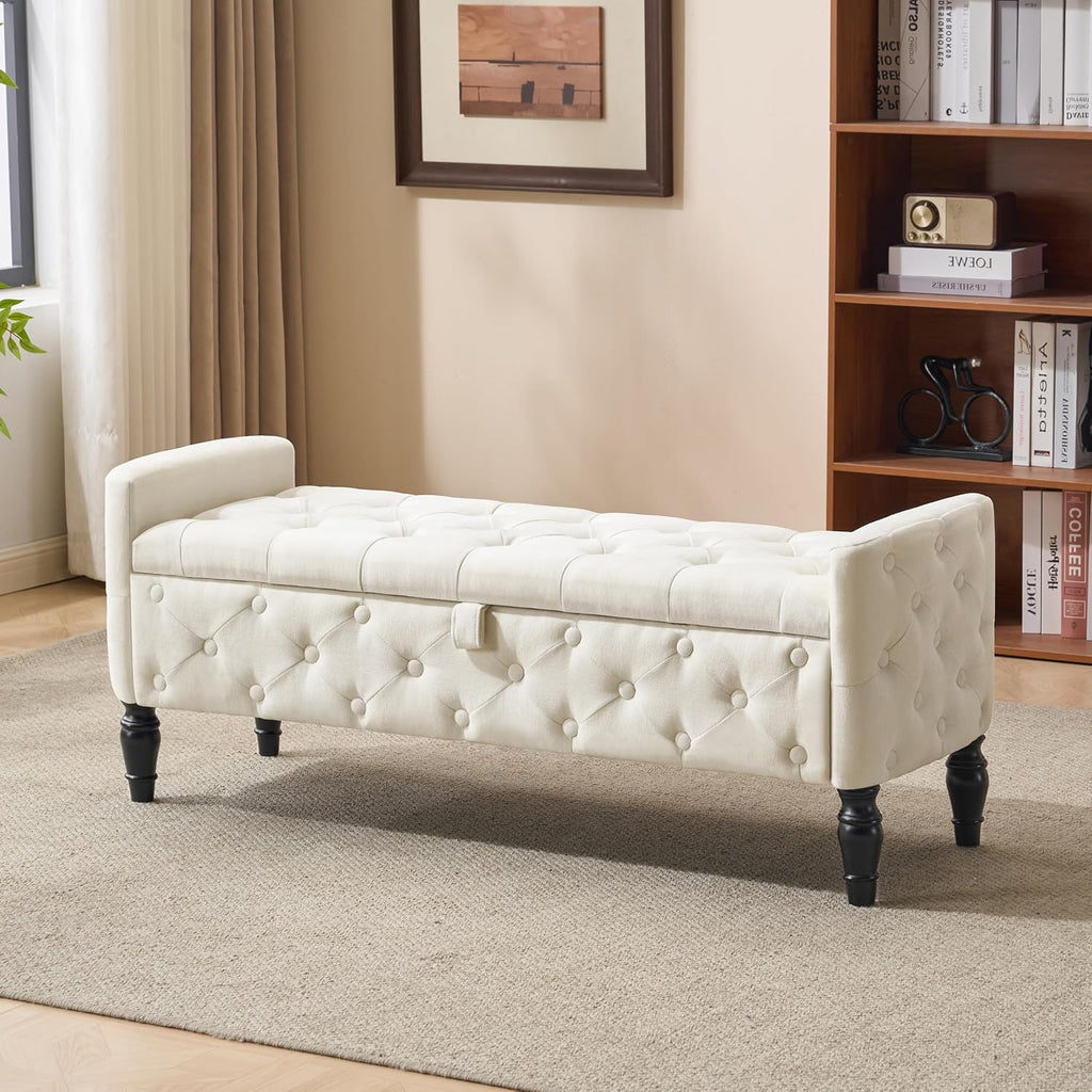 Armed Linen Tufted Storage Ottoman Bench